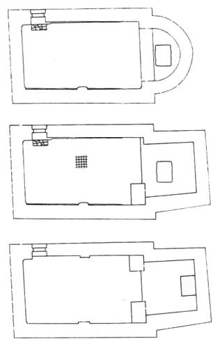 Grundrissplan: Oben: romanischer Bau (um 1200); Mitte: spätgotischer Bau (um 1500); unten: barocker Bestand (17./18. Jahrhundert) (nach Schmotz)